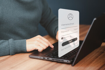 Poster - Man protecting personal data on a computer laptop and virtual interface. Cyber security concept to protect data. Secure encryption and access to the user's private information to access the internet.