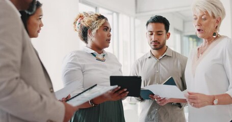 Poster - Business meeting, woman and leader with team for planning, thinking and project management in office. Leadership, business people and documents for proposal, startup and idea in meeting for vision