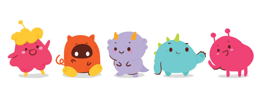 Cute and Kawaii monster kids icon set. Collection of cute cartoon monsters in different joyful characters. Funny devil, alien, demon and creature flat vector design for comic, education, presentation.