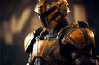 Portrait of elite space soldier armed in golden and black armor. Generative AI illustration