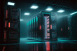 Data center room servers with red glowing system storage. Generative AI illustration