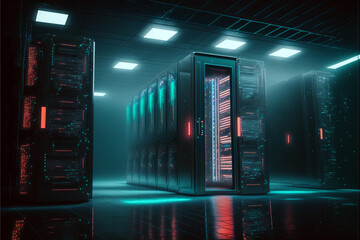 data center room servers with red glowing system storage. generative ai illustration