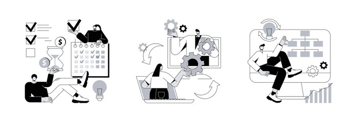 Poster - Business process abstract concept vector illustration set. Project planning, cooperation, workflow process, business analysis, vision and scope, boost productivity, partnership abstract metaphor.