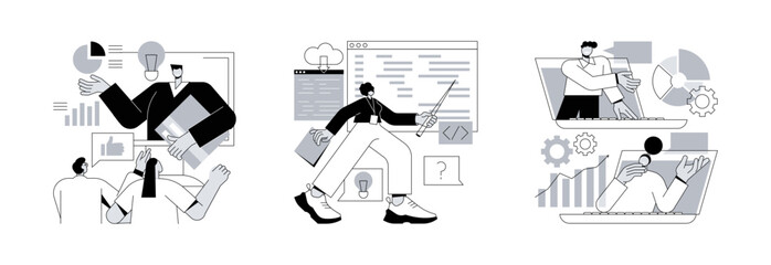Poster - Employee skills training abstract concept vector illustration set. Managers and coding workshops, online tech talks, write code, software development, presentation, web session abstract metaphor.