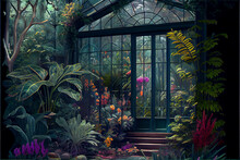 Beautiful Glass And Iron Conservatory Full Of Blooming Plants