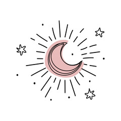 glowing moon with stars, line astrology icon, elegant boho tattoo, tarot symbol, zodiac sign. hand d