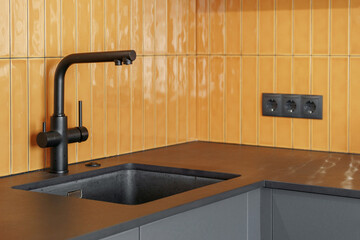 Wall Mural - modern sink and metal faucet at home kitchen