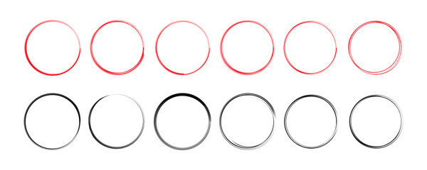 Poster - Collection of hand-drawn circle lines. Circle line doodle art in red and black colors. Vector, 2023