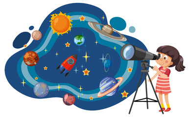 Wall Mural - girl observing planets with telescope