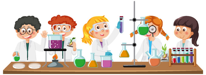 Wall Mural - scientist kids doing chemical experiment