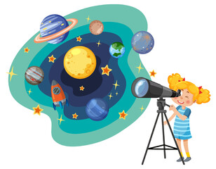 Wall Mural - girl observing planets with telescope
