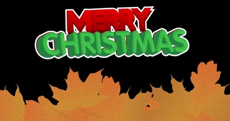 Poster - Autumn Leaves falling down with Merry Christmas text and black background.