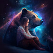 A grizzly bear and a woman sitting with the galaxy behind them created with generative AI technology