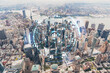Aerial panoramic helicopter city view, Lower Manhattan, Downtown, New York, USA. World Trade Center, bridges. Social media hologram. Concept of networking and establishing new people connections