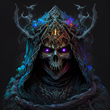 A hooded sorcerer wearing a crown of bones created with generative AI technology



