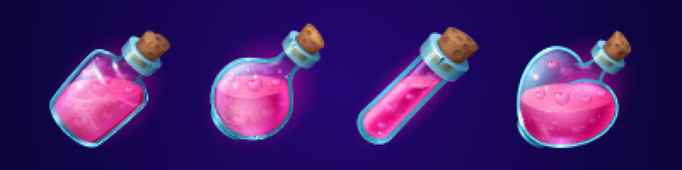 Aufkleber - Love potion bottles set isolated on dark background. Cartoon vector illustration of different shape glass jars with pink liquid substance, hearts inside. Magic shop, witchcraft accessories. Game props