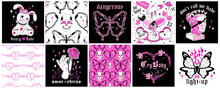 Glamour Gothic Love Collection Of Emo Stickers, Y2k Seamless Patterns, Square Social Media Posts With Goth Slogans.Creepy Black Pink Concepts With Wire Hearts, Fire Flame Frames And Vintage Fun Skulls