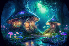 Fairy Houses In Fantasy Forest With Glowing Mushrooms. Digital Artwork