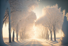 Alley in snowy morning. Two rows of large trees are covered with thick white snow along the bright road. Digital artwork