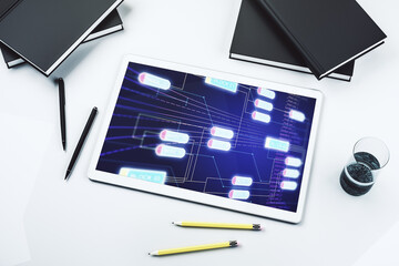 Leinwandbilder - Top view of modern digital tablet display with abstract software development hologram, research and analytics concept. 3D Rendering