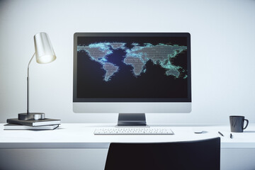 Poster - Modern computer screen with abstract creative digital world map, research and analytics concept. 3D Rendering