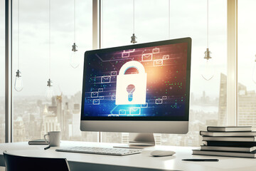 Poster - Creative lock sketch with email symbols hologram on modern laptop monitor, protection of personal data concept. 3D Rendering