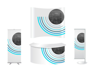 Aufkleber - Advertising exhibition stand design with promotional elements in corporate identity style isolated 