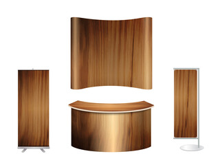 Aufkleber - Trade show booth exhibition stand design mock up. Front view with wood texture background