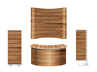 Aufkleber - Trade show booth exhibition stand design mock up. Front view with wood texture background