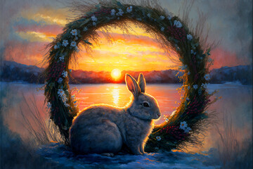 Wall Mural - Bunny Rabbit with Winter Wreath Sunset Sunrise Holiday Christmas Greeting Card Style Painting Generative AI