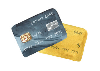 Bank credit cards. Hand drawn watercolor illustration isolated on white background