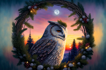 Wall Mural - Winter Wreath with Owl During Sunset Generative AI