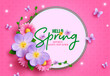 Hello spring text vector template design. Spring hello text in circle space with fresh bloom flowers and butterfly in pattern pink background. Vector Illustration.