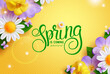 Spring flowers vector background design. Spring is coming text in empty space for typography with bloom and fresh flowers in yellow background. Vector Illustration.