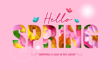 Wall Mural - Spring text vector background design. Hello spring typography with flower decoration elements in pink background for season invitation card. Vector Illustration.