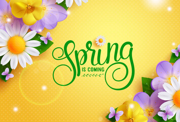 spring flowers vector background design. spring is coming text in empty space for typography with bl
