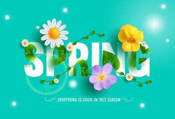 Wall Mural - Spring text vector concept design. Spring typography with fresh leaves, vines and blooming flowers for season greeting card decoration. Vector Illustration.