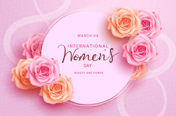 Wall Mural - Women's day vector template design. Happy women's day text in circle space with beautiful flowers decoration for  march 8 international celebration. Vector Illustration.