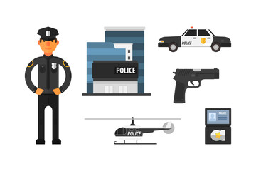 Canvas Print - Police Officer with Professional Equipments Like Pistol, Identity Card, Car and Department Building Vector Set