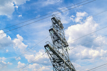 Wall Mural - Countryside electric power transmission line on the background of the sky. Three-phase power transmission and supply system in remote areas. Background for a presentation or cover for book.