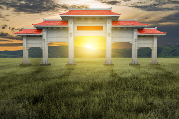 Poster - Chinese pavilion gate with red roof on the meadow