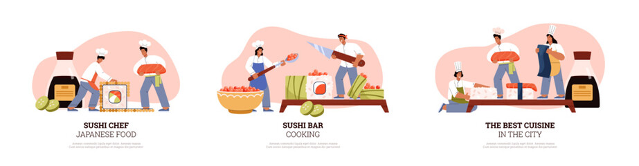 Wall Mural - Set of scenes with working sushi chefs flat style, vector illustration