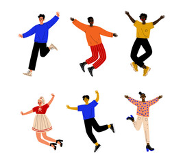 Wall Mural - Happy multiracial people jumping in air set. Stylish girls and guys in trendy clothes celebrating success cartoon vector illustration