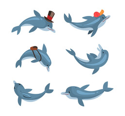 Sticker - Cute funny dolphins swimming and jumping at entertainment show set cartoon vector illustration