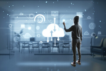Poster - Hacker using digital cloud computing hologram on blurry office interior background. Cloud data, server, service and hosting concept. Double exposure.