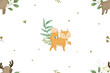 childish seamless pattern with forest animals and branches, leaves, baby design