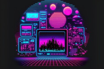 Retro cyberpunk electronic design with neon grid lines - generative ai