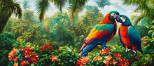 Painting Of A Cute Parrot Against A Background Of Flowers, Generative AI