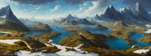 Painting Of A Misty Glacial Landscape, Mountains Over The Lake, Generative AI