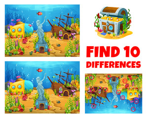 Aufkleber - Find ten differences quiz. underwater landscape with sunken ships. Child difference search riddle, kids matching vector game or quiz worksheet with cartoon sunken caravel, submarine and treasure chest